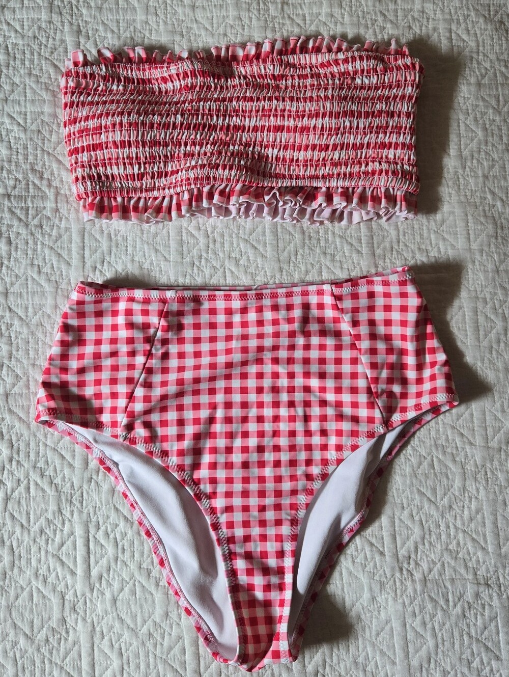 CUPSHE Red High Waist Gingham Two-Piece Swim Set - Smocked Bandeau Top - Size L - Picture 4 of 4